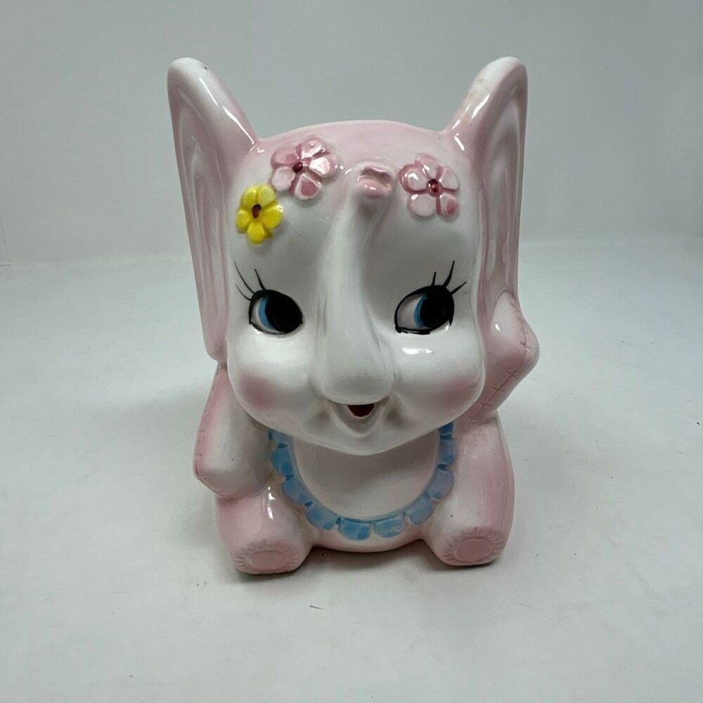 Vtg Elephant Planter Pink Made in Japan D-Ann Imp. Trunk Up Baby Nursery Vase Ho